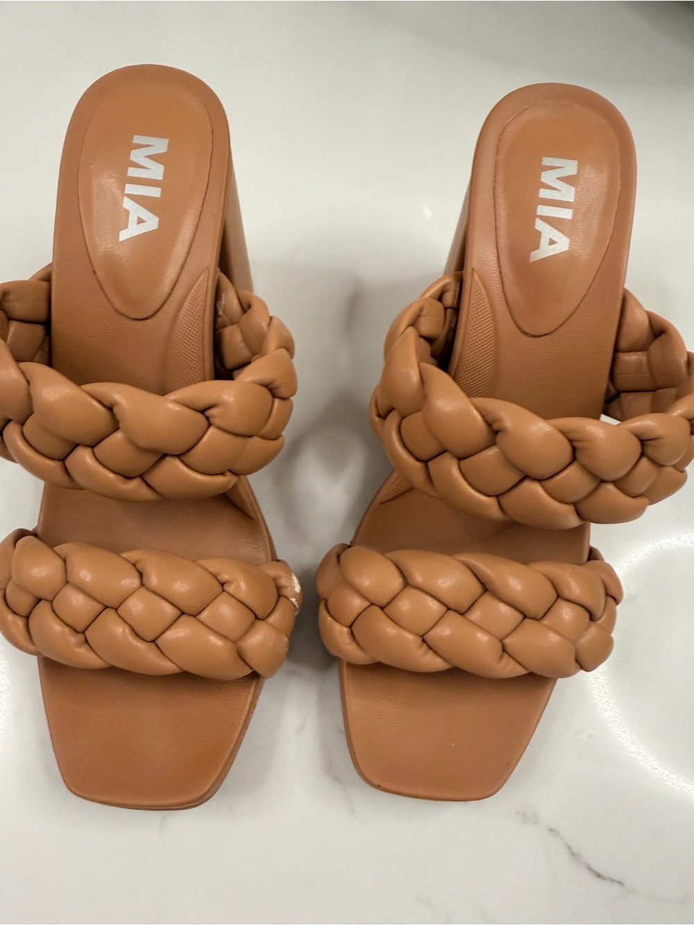 MIA Tan Braided Double-Strap Block Heel Sandals